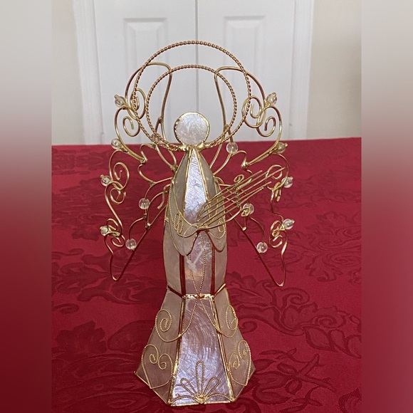 Vintage Capiz Shell Christmas Angel with Wings Playing Harp Gold Metal Crystals - Picture 2 of 16